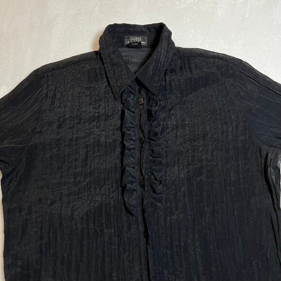Vintage GUESS Ruffle Trim Button Up Shirt Size XL Semi Sheer Minimalist Y2K 90s - Picture 3 of 8